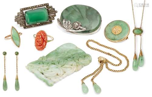 A Chinese jadeite plaque and a suite of jadeite jewellery, 20th century, the plaque carved with a