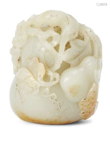 A Chinese celadon jade gourd weight, late Qing dynasty/ Republic period, carved as a branch