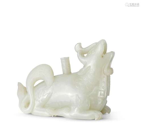 A Chinese white jade mythical beast pouring vessel, 18th/19th century, the mythical beast carved