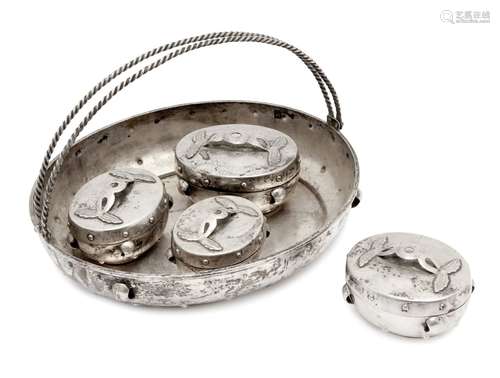 A Chinese silver oval basket and four matching oval boxes, 20th century, with two rope-twist swing