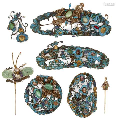 A Collection of Chinese white metal and kingfisher hair ornaments, Qing dynasty, to include a