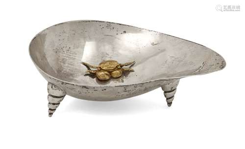 A Chinese silver shell form bowl, Wang Hing, with applied silver gilt crab, raised on three shell