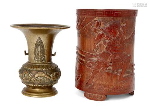 A Chinese bronze archaistic vase and a Japanese bamboo brush pot, 19th century, the vase decorated