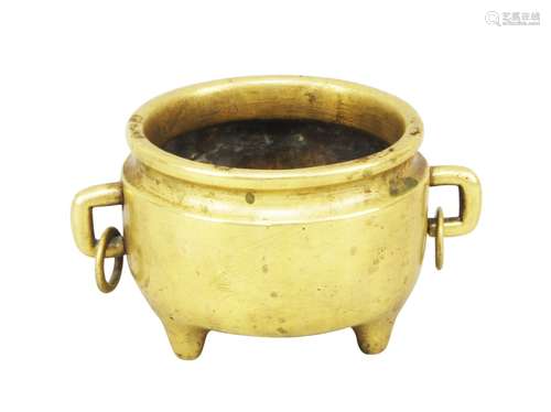 A Chinese polished bronze censer, 18th/19th century, with two rectangular handles with rings