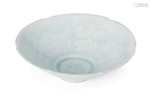 A Chinese qingbai porcelain lobed bowl, Song dynasty, carved to the interior with a continuous