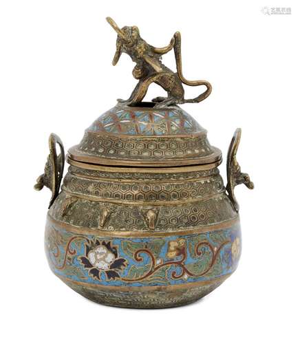 A Chinese brass and champlevé enamel incense burner, late Qing dynasty, with mythical beast