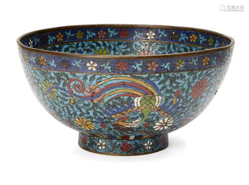 A Chinese cloisonné deep bowl, Ming dynasty, 17th century, decorated to the interior and exterior