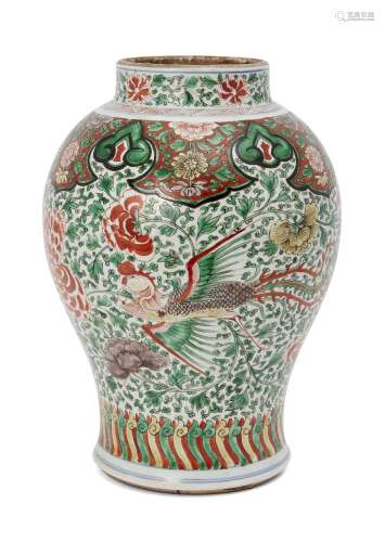 A Chinese porcelain famille verte 'phoenix' jar, Kangxi period, decorated to the body with two