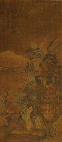 19th century Chinese School, ink and colour on silk, figures in a mountain landscape, 72 x 32cm 19世紀