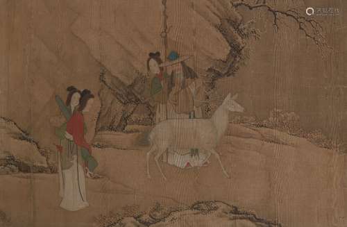 18th century Chinese School, ink and colour on silk, four figures with a white deer, 27 x 41cm,