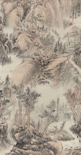 20th century Chinese School, ink and colour on paper, mountain landscape, 98 x 52cm, in glazed frame