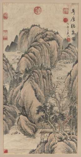 20th century Chinese School, ink and colour on paper, mountain landscape, 97 x 48cm, in glazed frame