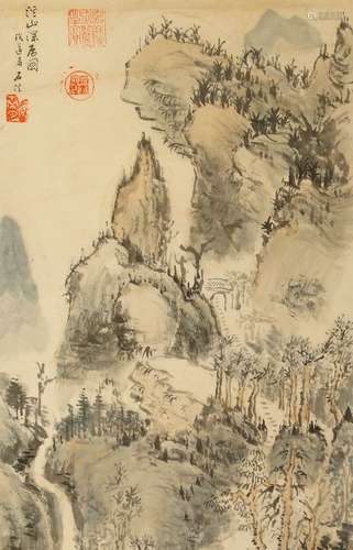 20th century Chinese School, ink and colour on paper, mountain landscape, 51 x 33cm 20世紀 溪山深居圖200