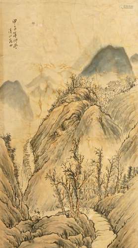 20th century Chinese School, ink and colour on paper, figures on a path, with mountain village in