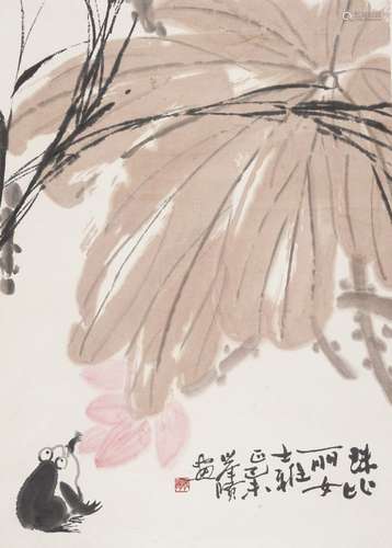 ANONYMOUS, 20th century Chinese School, ink and colour on paper, hanging scroll, frog with lotus,