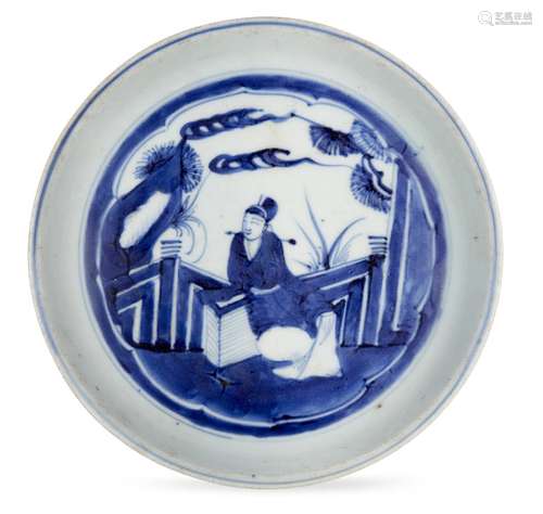 A Chinese porcelain dish, 17th century, with a slightly everted rim and straight footrim, painted in