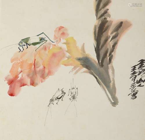 WANG QINGFANG (1900-1956), ink and colour on paper, cicadas around a flower, ca. 1930s, 32 x 32cm