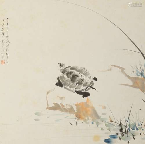 YAN BOLONG (1898-1955), ink an colour on paper, 'tortoise', dated to the spring of 1932, 32 x 32cm