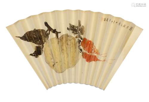 TANG DIN ZHI (1878-1948), ink and colour on unmounted paper fan, apple and carrots, 21 x 50cm 湯定之(