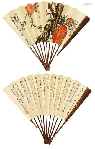 HE PEIXIN (1903-1952), ink and colour on paper and stained bamboo fan, fruiting pomegranate tree