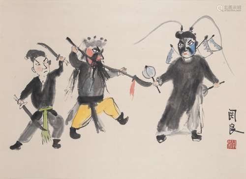 GUAN LIANG (1900-1986), ink and colour on paper, hanging scroll, Opera Figures, inscribed and