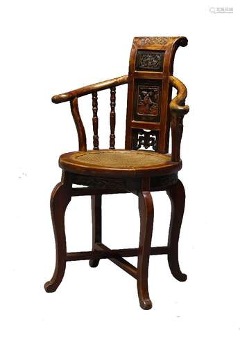 A Chinese occasional chair, late 19th century, the yoke-shape back centered with a carved and