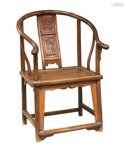 A Chinese elm horseshoe-backed chair, 19th century, the central splat carved with a panel of lingzhi