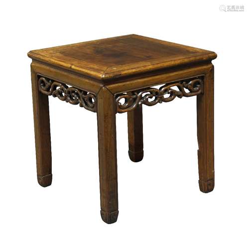 A Chinese hongmu square table, late 19th century, with carved and pierced frieze raised on square