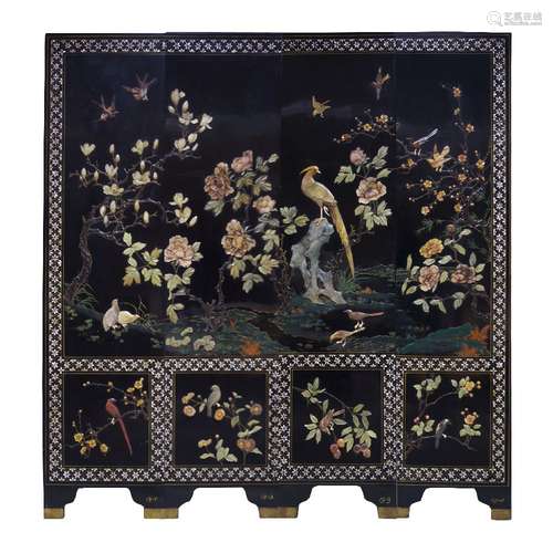 A Chinese black lacquer three-fold four-panel screen, 20th century, inlaid to one side with