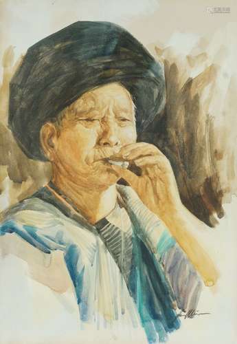 South East Asian School, (mid-20th century), watercolour on canvas, portrait of a man wearing a