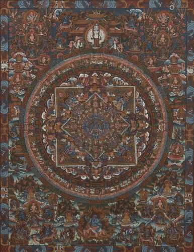 A Tibetan mandala of Hevajra, 20th century, centered with Hevajra and his consort Nairatma in