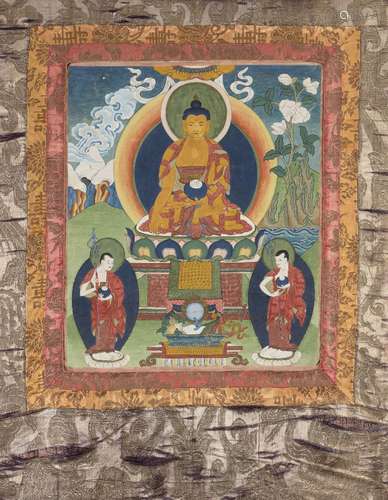 A Tibetan thangka, early 20th century, the central deity flanked by two attendants and in front of a