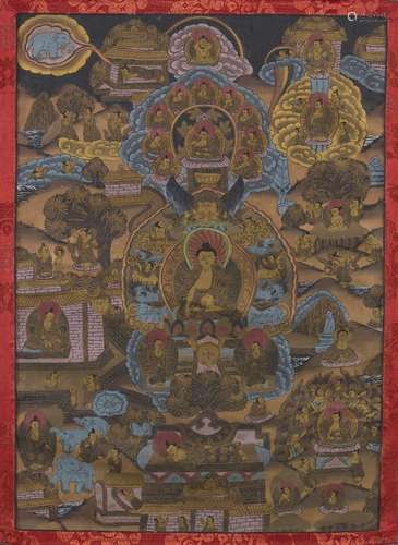 A Tibetan thangka, 20th century, centered with Shakyamuni Buddha on a lotus throne, surrounded by