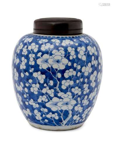 A Chinese porcelain ginger jar, Kangxi period, painted in underglaze blue with prunus blossom on a