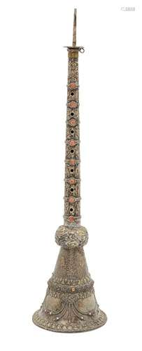 A Tibetan silver and coral-set trumpet, 19th century, engraved to the stem with foliate scrolls