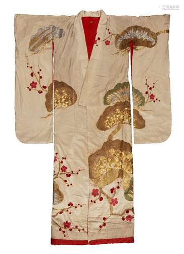 A Japanese furisode kimono, mid-20th century, a formal kimono worn by young unmarried women, cream