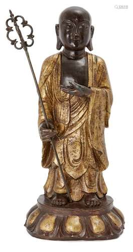 A Japanese bronze figure of Jizo Bosatsu, early 20th century, right hand holding a shakujo staff,