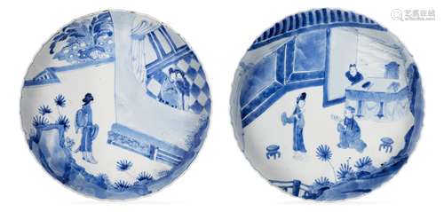 A pair of Chinese porcelain 'Romance of the Western Chamber' dishes, Kangxi period, each painted