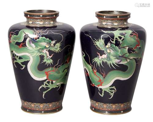 A pair of Japanese cloisonné enamel vases, Meiji period, finely decorated with green and red five-