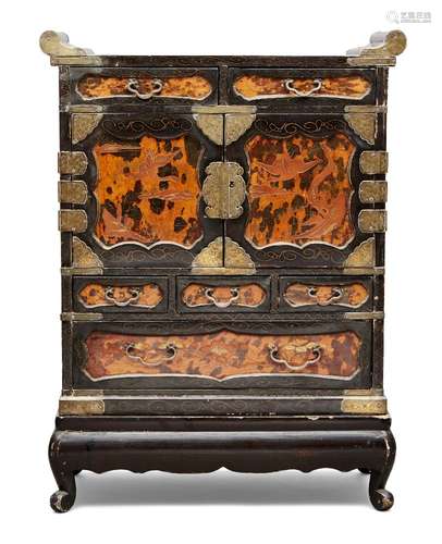 Japanese shodana cabinet with stand, Meiji period, tortoiseshell inset panels to the top, front