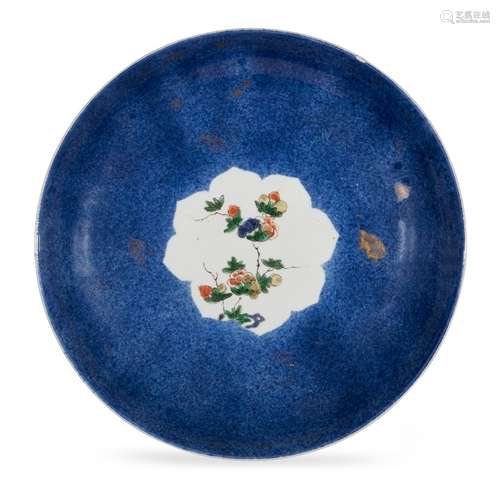 A Chinese porcelain dish, Kangxi period, painted in famille verte enamels with a central foliate