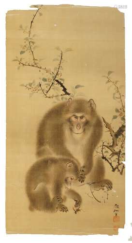 Mori Sosen, Japanese 1747-1821, Two monkeys, a mother and infant with wasp beneath a branch of