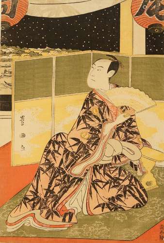 Utagawa Toyokuni, Japanese 1769-1825, Actor in an interior with fan, woodblock print in colours,