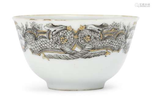 A Chinese export miniature tea bowl, 18th century, painted en grisaille and gilt-heightened with