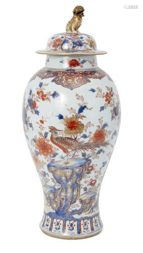 A large Chinese porcelain imari baluster vase and cover, 18th century, painted with an exotic bird