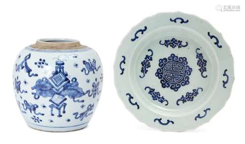 A Chinese porcelain jar and wufu celadon glazed dish, 18th and 19th century, the jar painted in