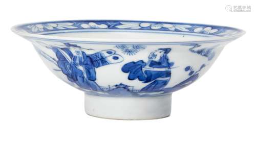 A Chinese porcelain dish, early 20th century, painted in underglaze blue and white with scholars