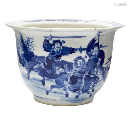 A Chinese porcelain Kangxi style jardinière, 19th century, painted in underglaze blue with a