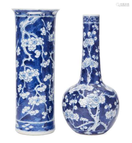 Two Chinese porcelain vases, late 19th century, each painted in underglaze blue with blossoming