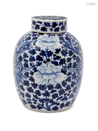 A large Chinese porcelain jar and cover, late 19th century, painted in underglaze blue with two